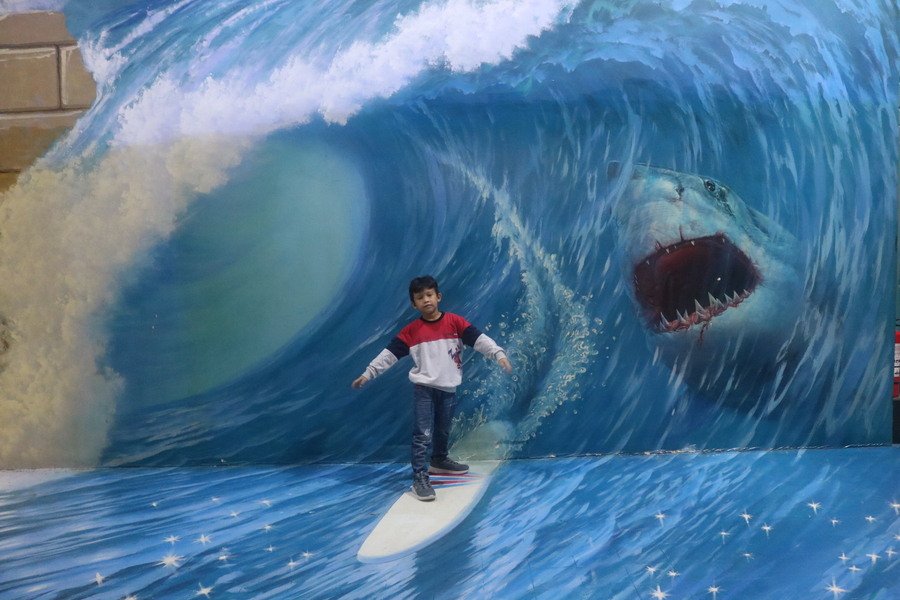 Syamil surfing with the shark